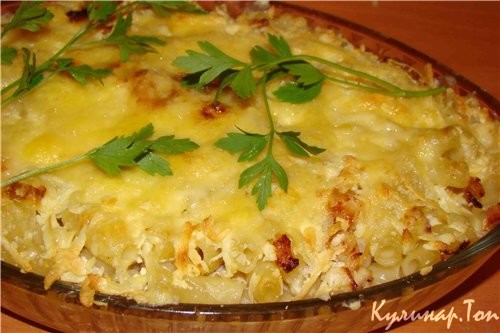 Запеканка из макарон с грибами и сыром