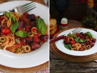 Паста с томатами, оливками, каперсами и базиликом
