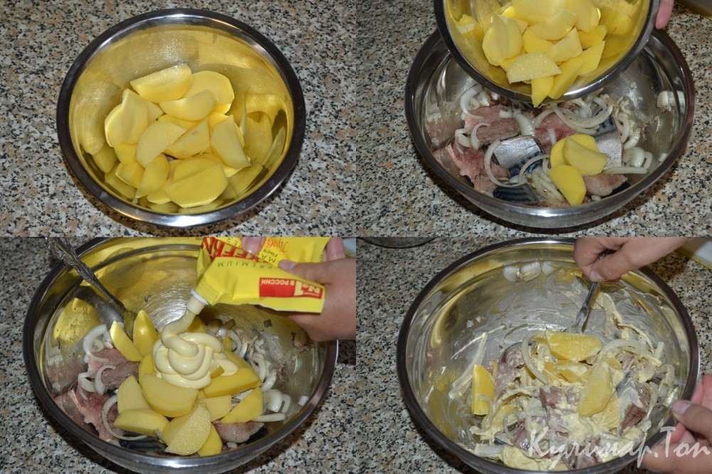 Скумбрия с картофелем, запеченные под майонезом