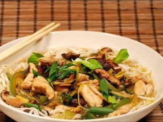 Лапша удон с куриными грудками и грибами