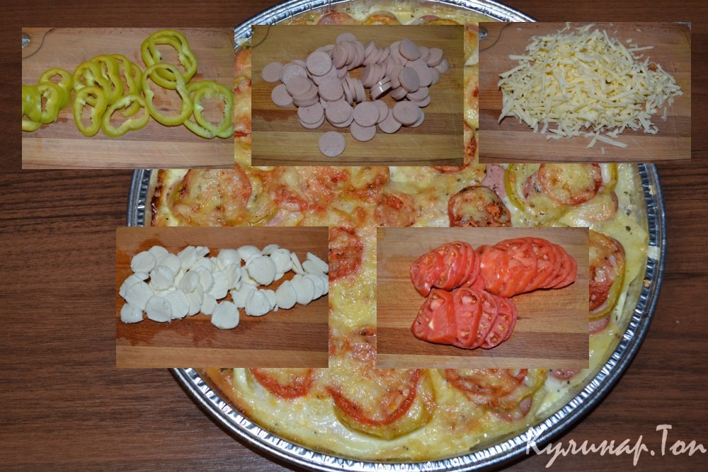Картофельная пицца с сосисками и моцареллой