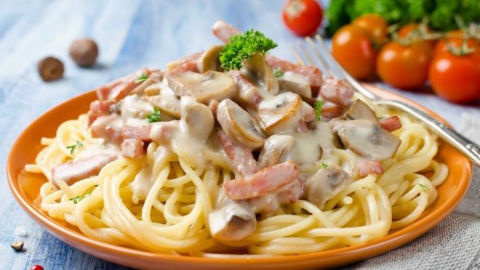 Спагетти с грибами и беконом Спагетти с грибами и беконом