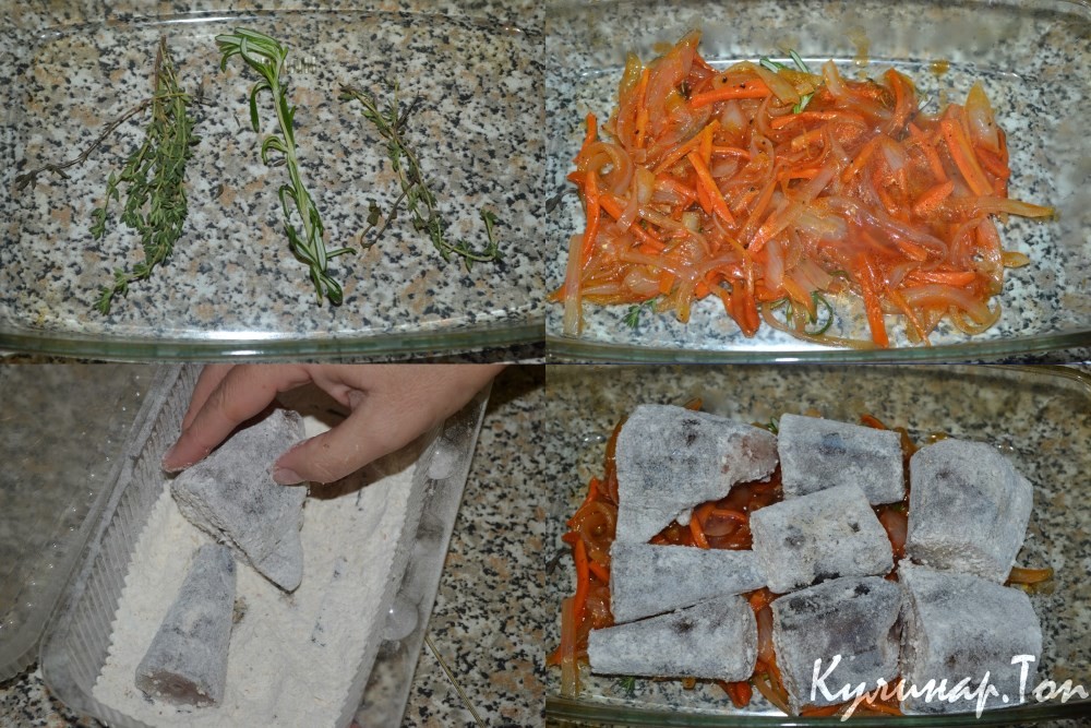 Минтай, запеченный с морковью и луком