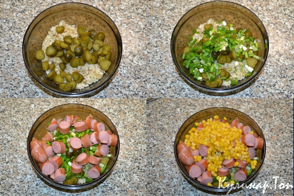 Салат с рисом и сосисками