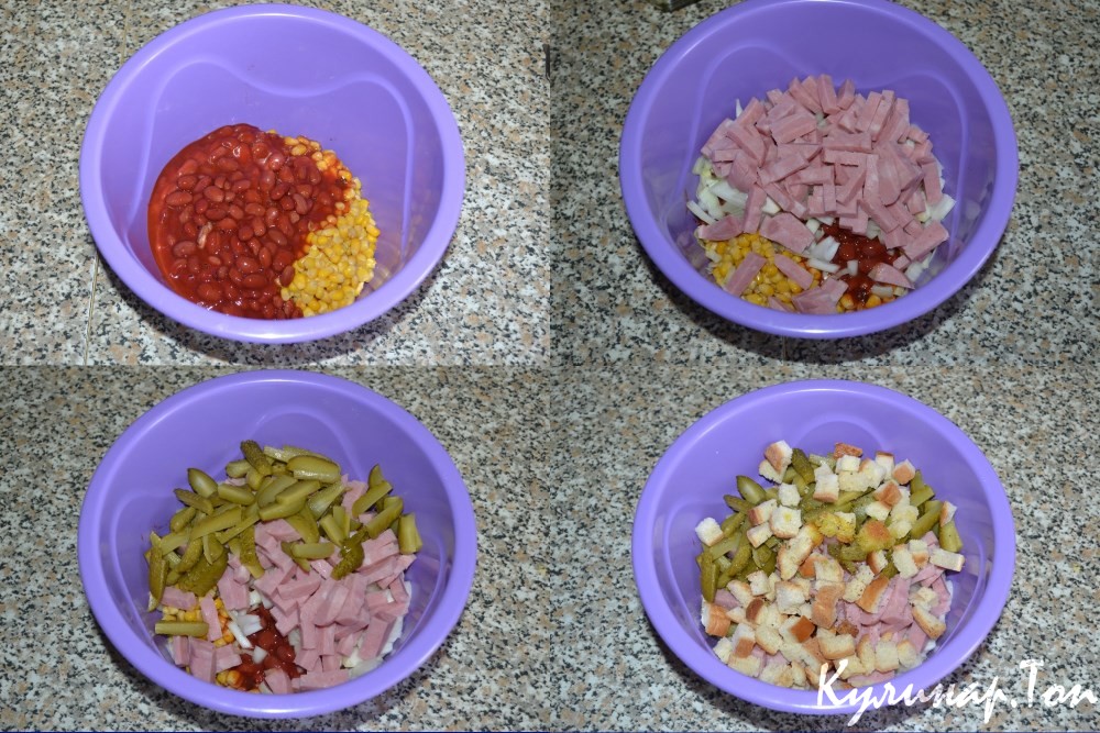 Хрустящий салат с фасолью, сухариками и кукурузой