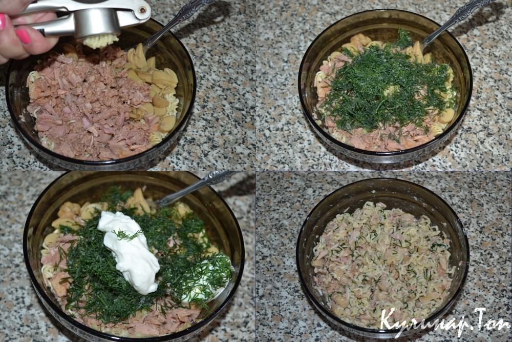 Салат с тунцом, вермишелью и грибами