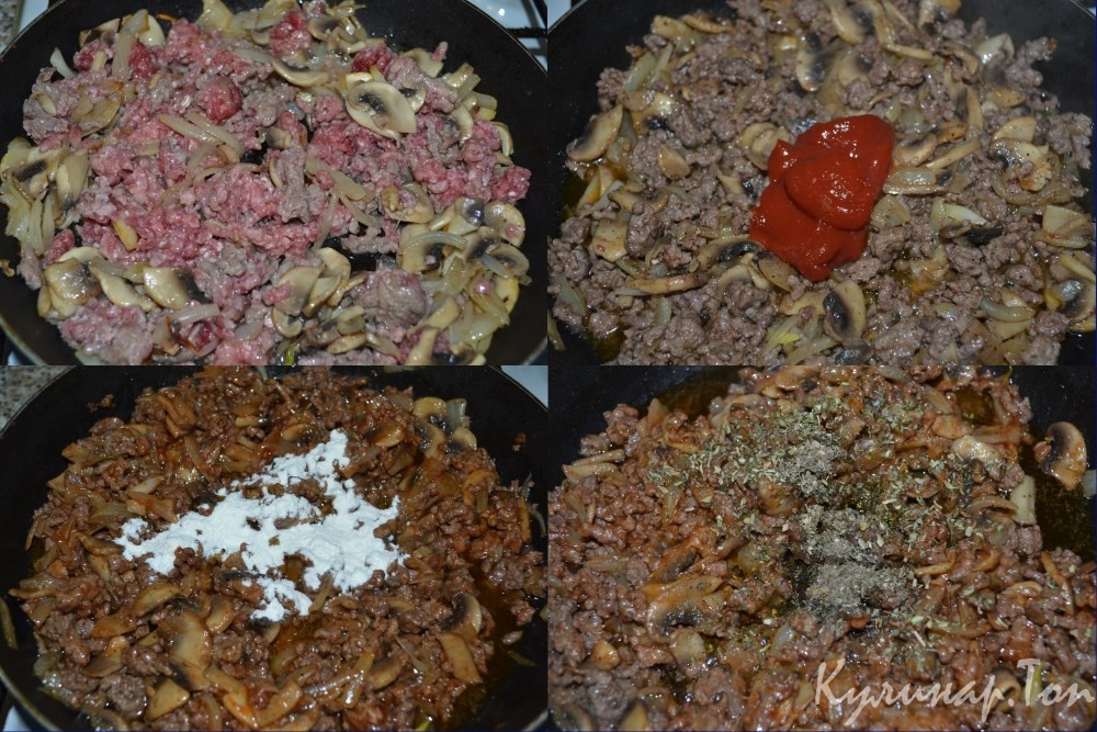 Паста с фаршем и грибами