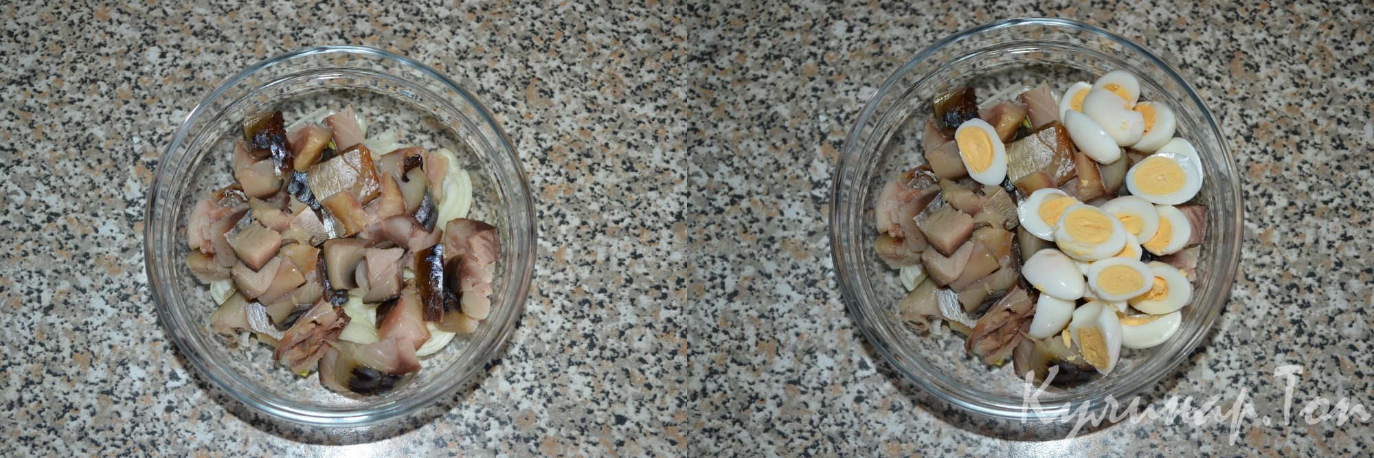 Салат с копченой скумбрией и перепелиными яйцами