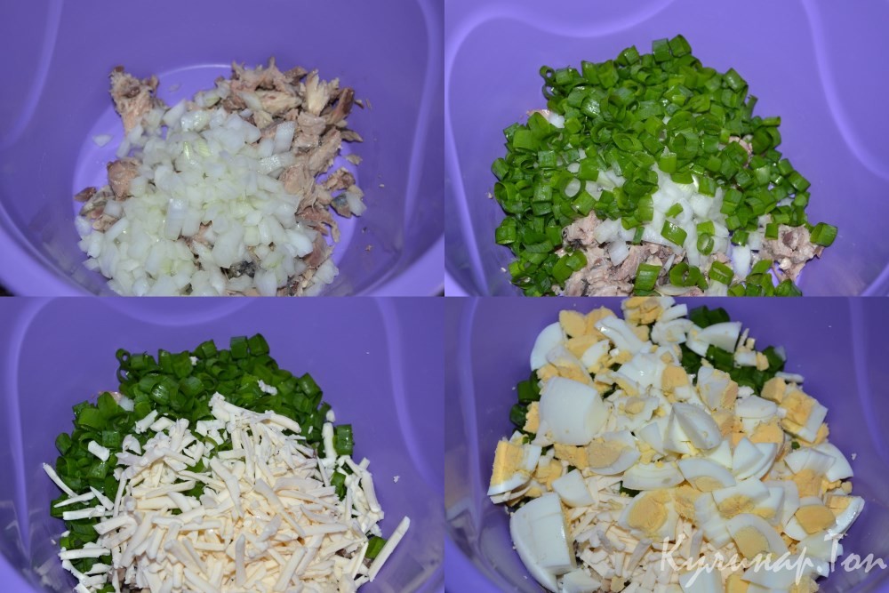 Рыбный салат с рисом и яйцами