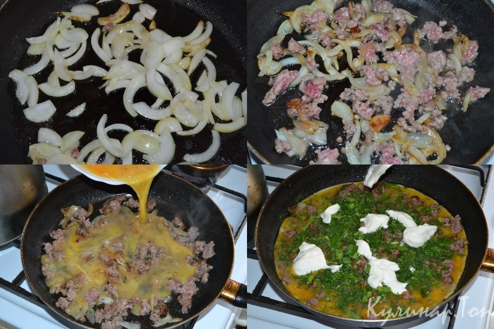 Яичница с фаршем и сметаной