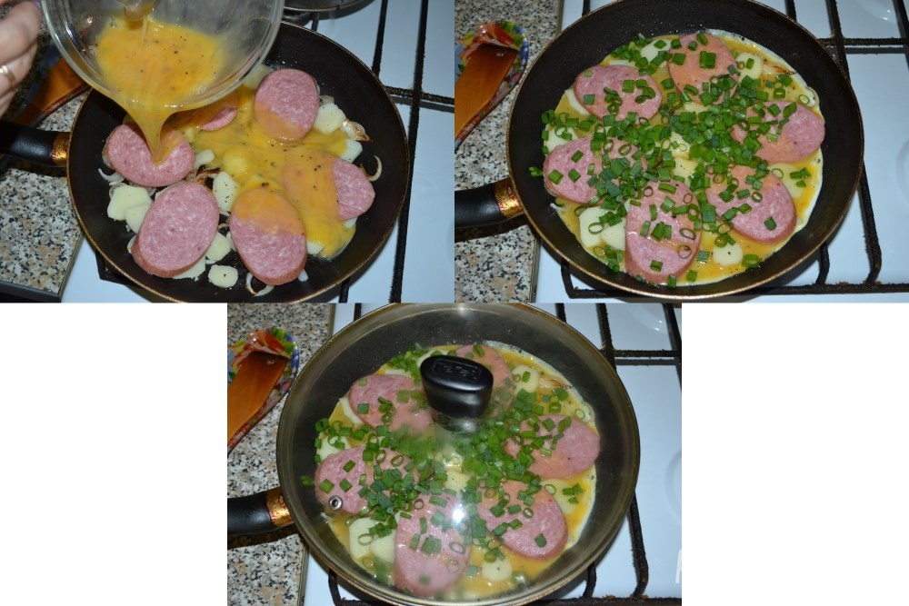 Яичница с колбасой и картофелем