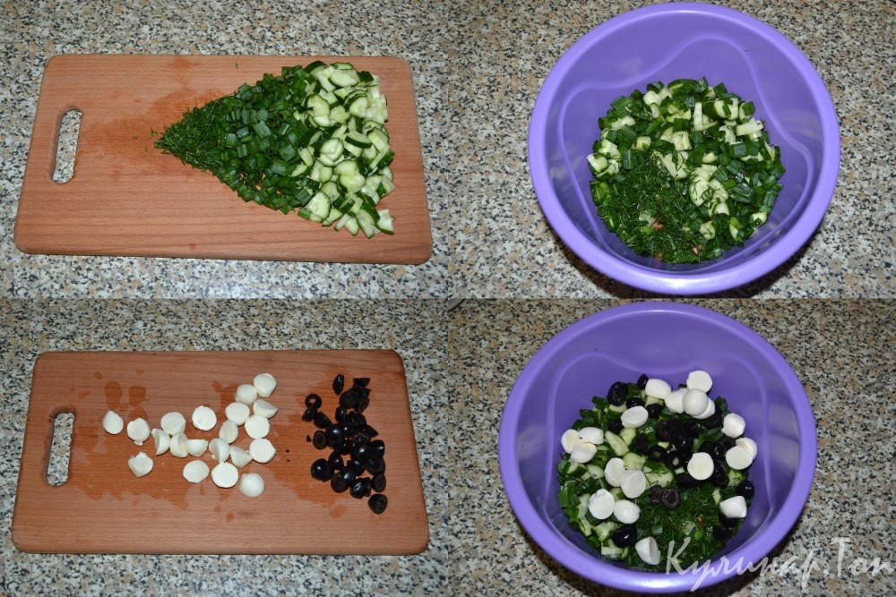 Зеленый салат с моцареллой и сосисками