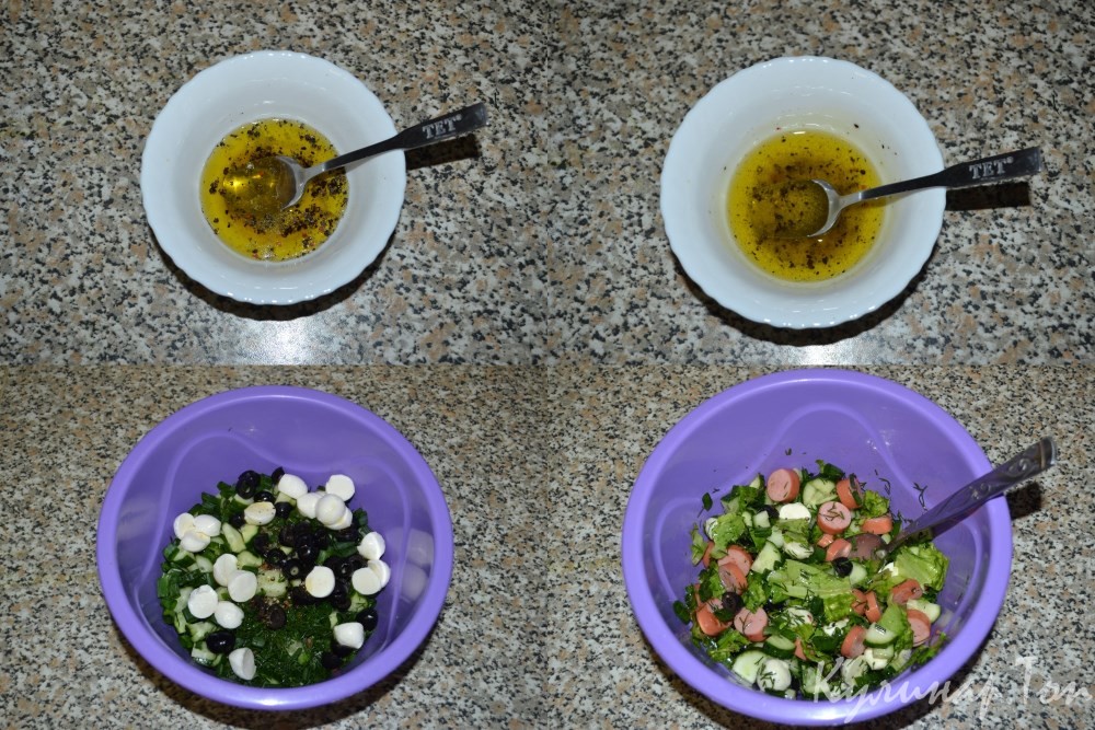 Зеленый салат с моцареллой и сосисками