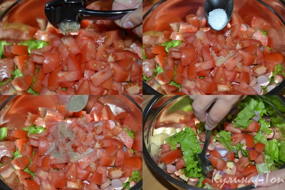 Салат из помидоров с сосисками и сыром
