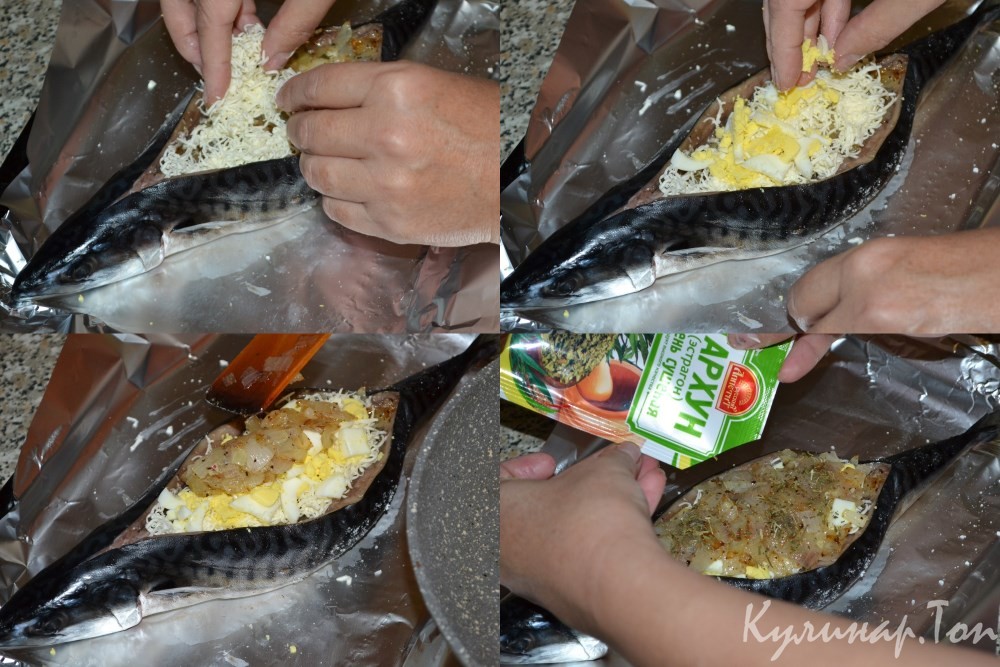 Скумбрия, фаршированная яйцом и сыром