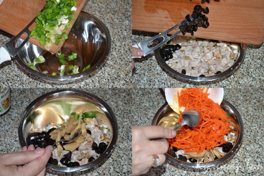 Мясной салат с шампиньонами и морковью по-корейски