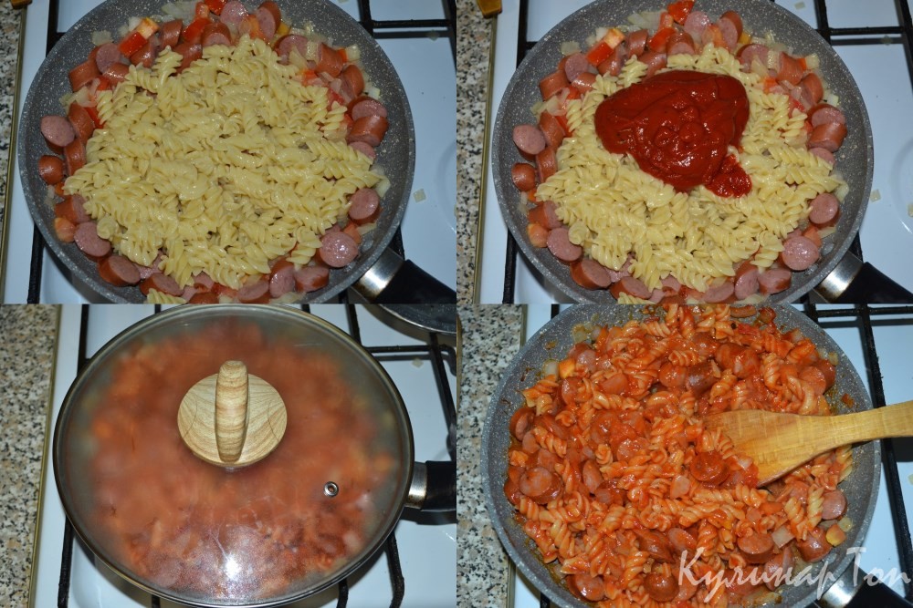 Паста с охотничьими колбасками и томатным соусом
