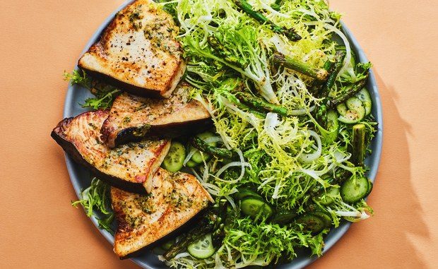 Swordfish-Steaks-with-Asparagus-and-Frisée-Salad-03052018
