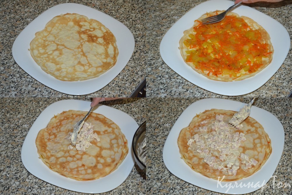 Блинный торт с ветчиной и морковью