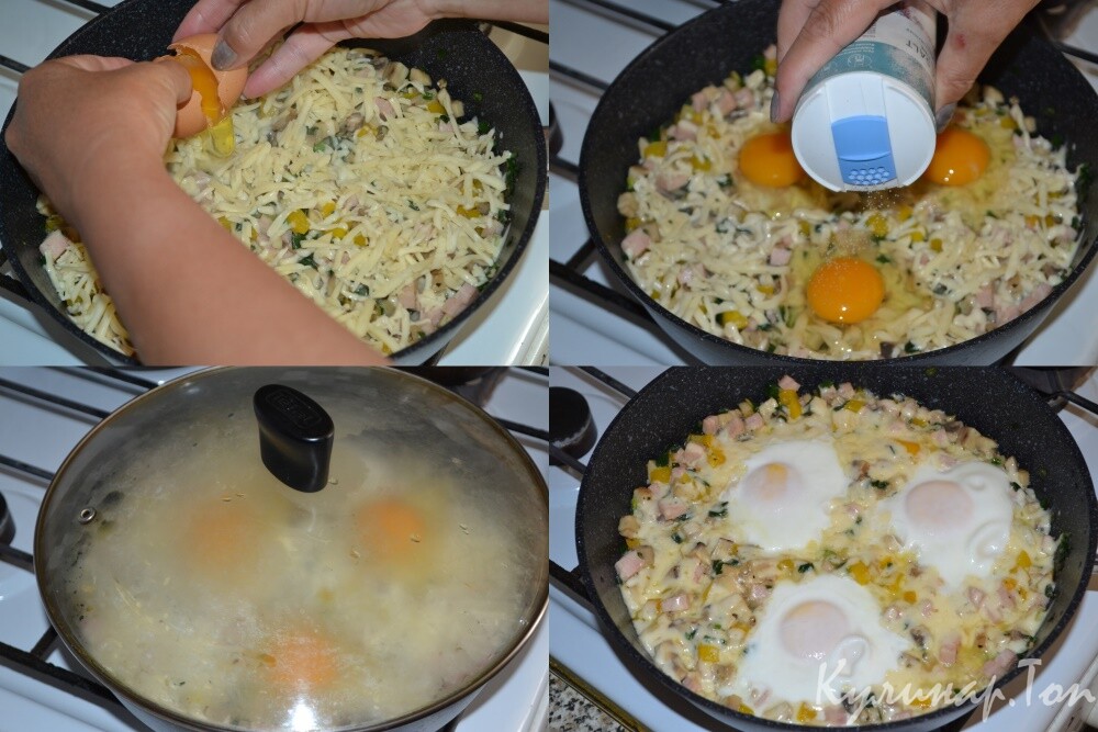 Глазунья с грибами, ветчиной и сыром