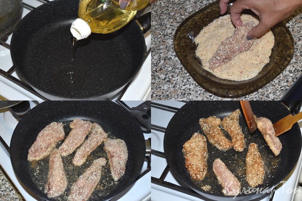 Куриные грудки в панировке из сухарей и кунжута